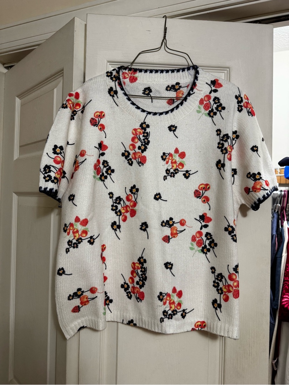 Floral Short-Sleeve Knit Sweater - White with Red & Black Floral Print